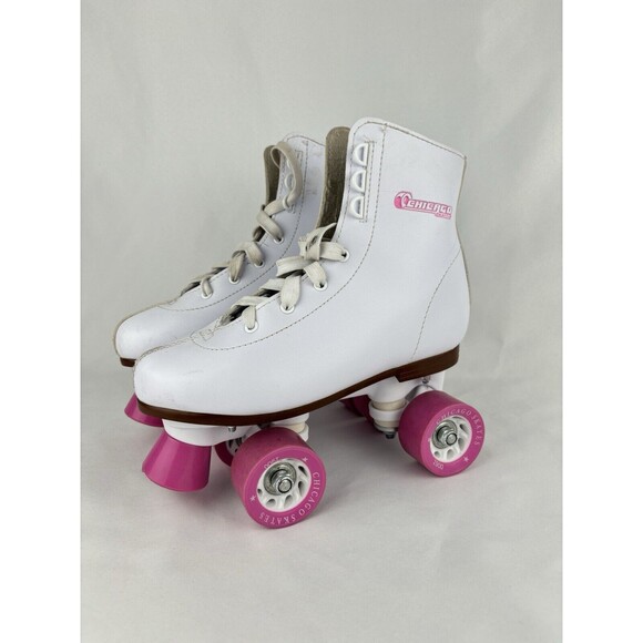 Chicago‎ Quad Roller Skates Kids Size 4 White Leather Pink Wheels Stopper - Picture 1 of 10